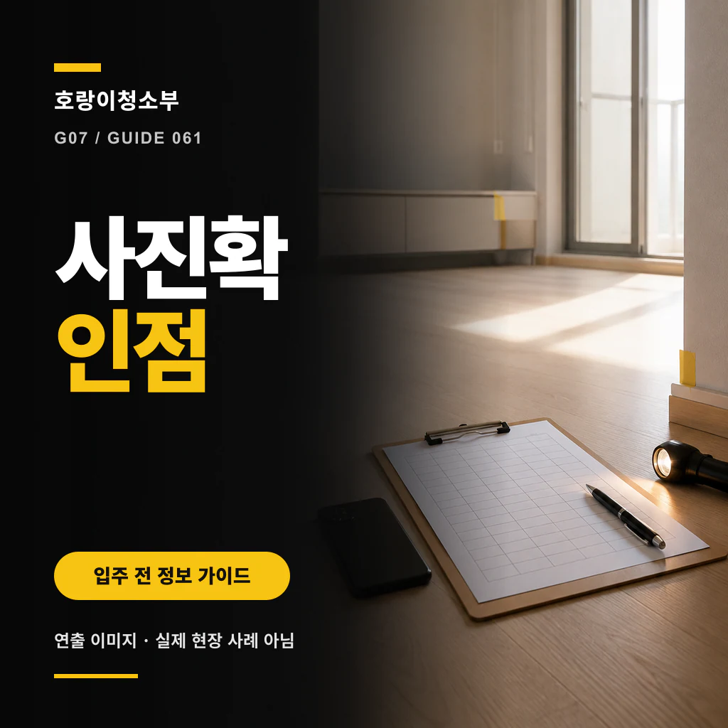 햇빛이 드는 빈 방의 노란 위치 표식과 빈 격자 기록판, 펜, 손전등 옆에 사진 확인점 문구가 배치된 정사각형 연출 이미지