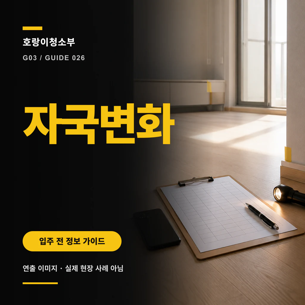 빈 실내 바닥의 표시 지점과 기록표, 손전등을 배치하고 자국 변화를 큰 노란 글자로 표시한 정사각형 연출 이미지