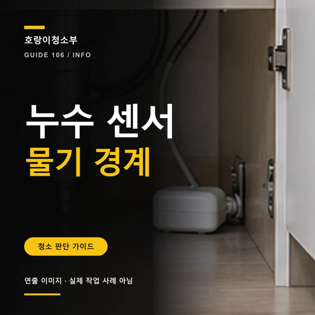 큰 누수 센서 물기 경계 문구와 싱크대 하부 배관 옆 작은 센서가 마른 바닥에 놓인 정사각형 연출 이미지
