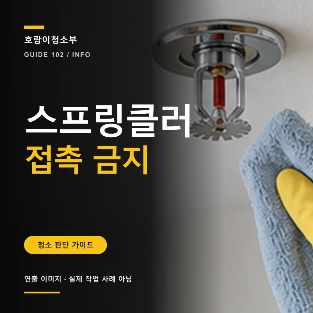 검정 영역의 큰 스프링클러 접촉 금지 문구와 천장 스프링클러 옆에 닿지 않은 마른 천이 보이는 정사각형 연출 이미지