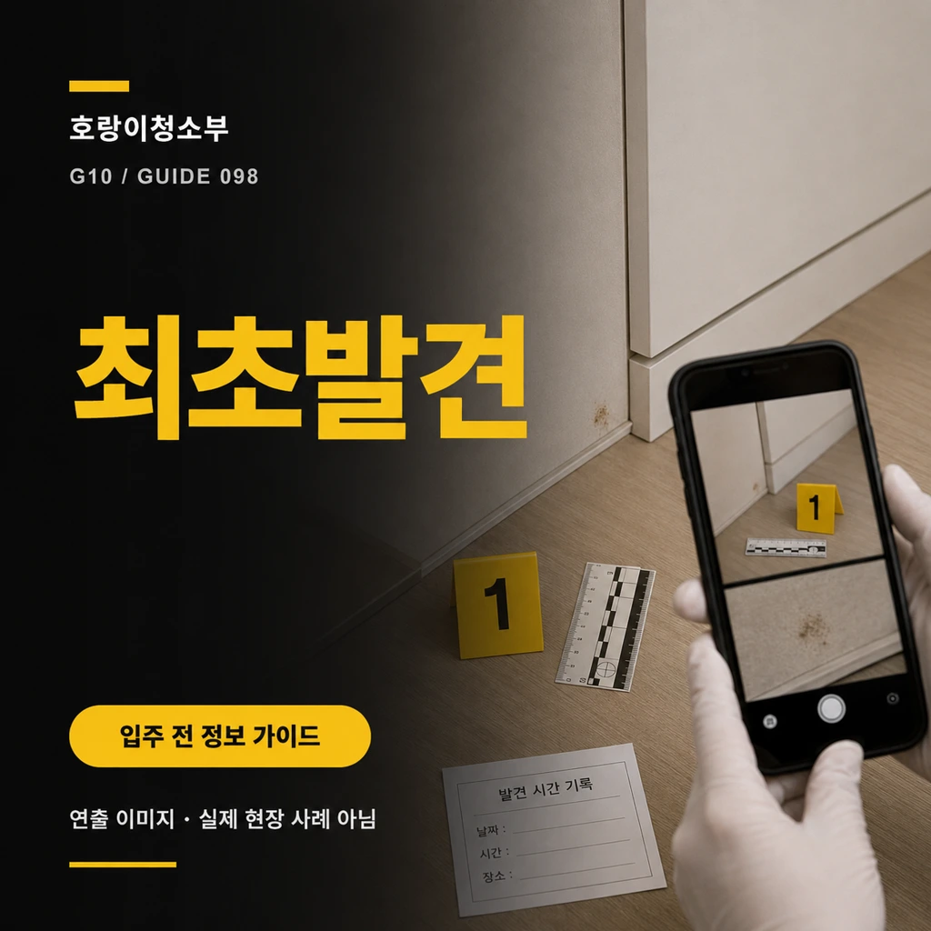 벽과 가구장 경계의 작은 마른 얼룩을 닦지 않은 채 번호표·눈금·발견 시각표와 함께 휴대전화로 촬영하는 최초발견 정사각형 연출 이미지