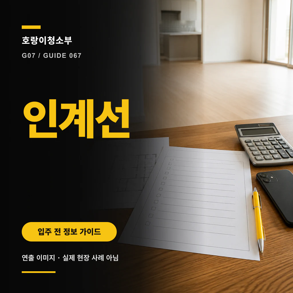 밝은 빈 거실을 배경으로 나무 탁자 위 평면도와 체크리스트, 계산기, 스마트폰, 노란 펜이 놓이고 인계선 문구가 보이는 정사각형 연출 이미지