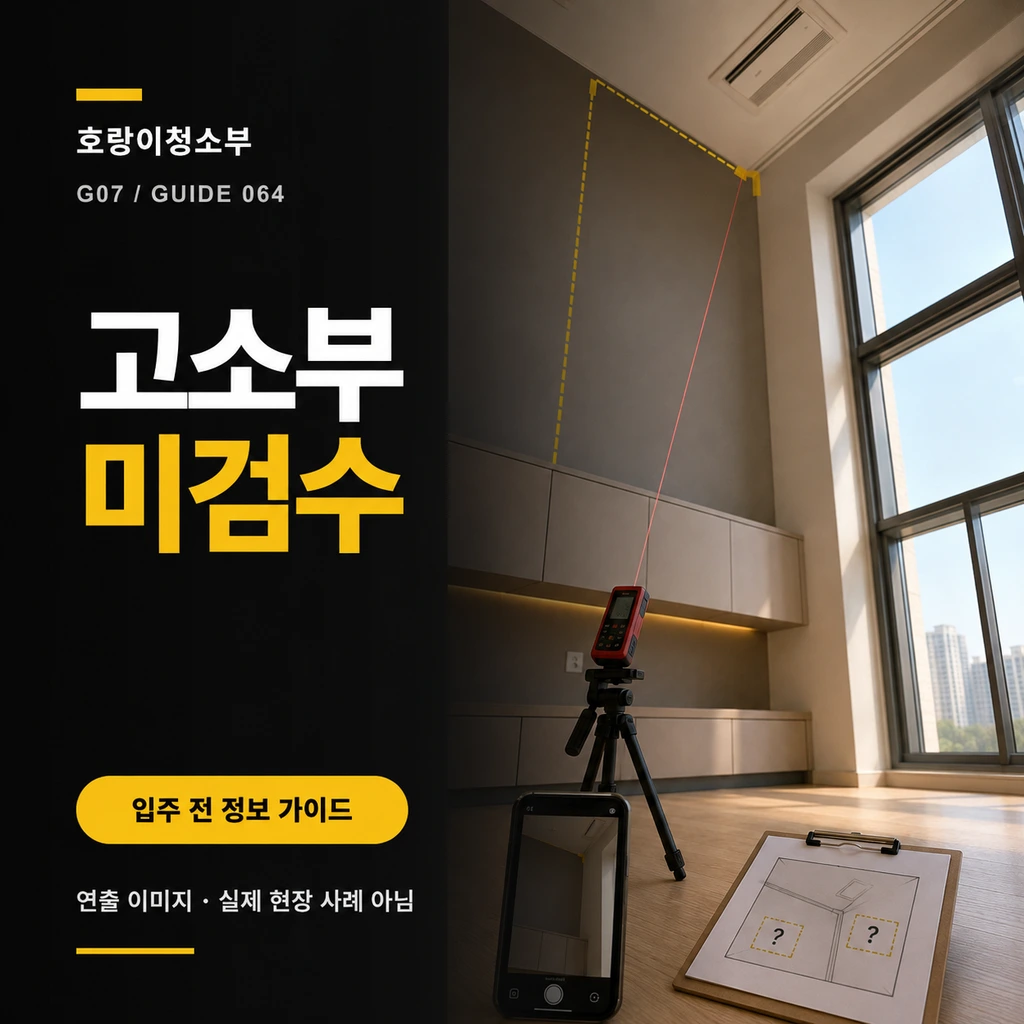 높은 창과 천장 환기구를 향한 레이저 거리계, 휴대전화와 물음표 구역도가 놓이고 왼쪽에 고소부 미검수 문구가 보이는 정사각형 연출 이미지