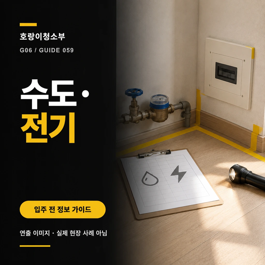닫힌 수도 밸브와 수도계량기, 꺼진 차단기, 물방울·번개 기호 기록판이 노란 미검수 경계 안에 놓이고 수도·전기 문구가 크게 보이는 정사각형 연출 이미지