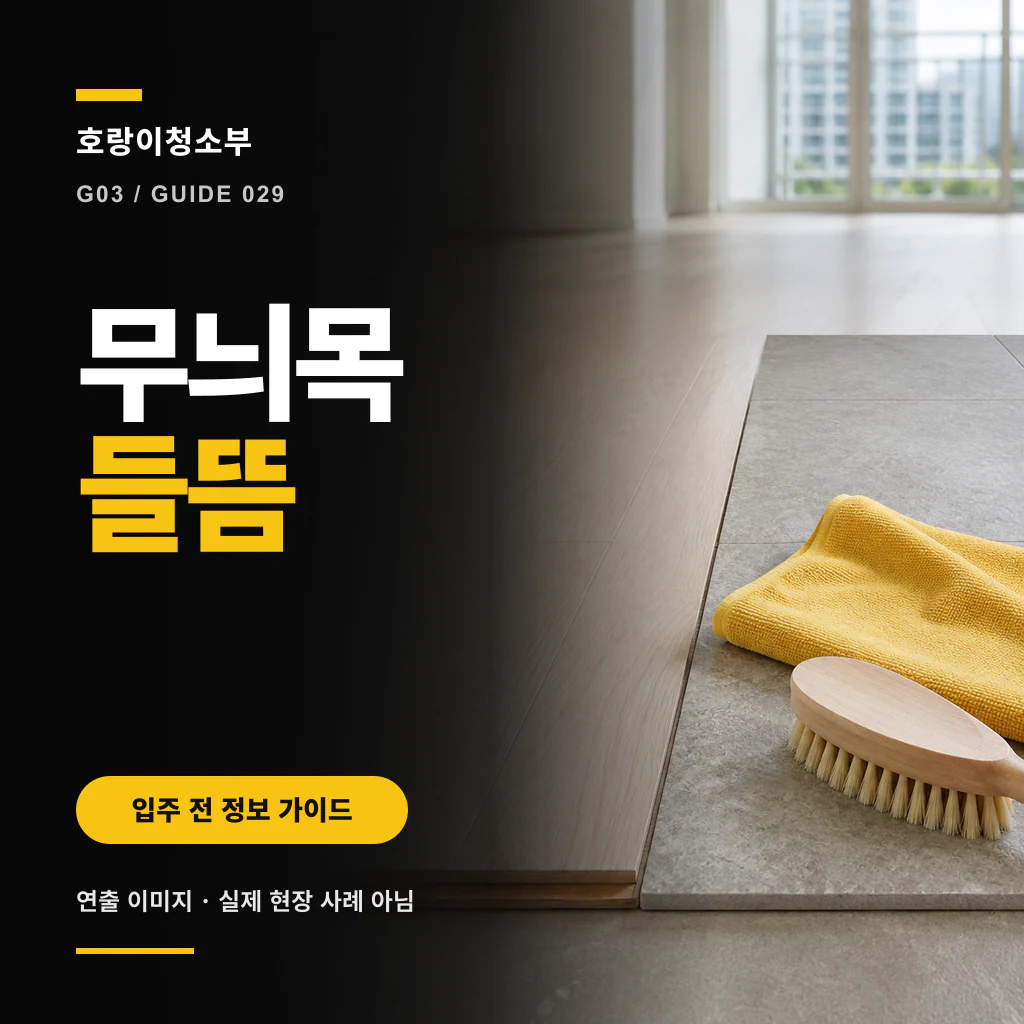왼쪽 검은 안내 패널의 무늬목 들뜸 문구와 오른쪽 밝은 실내 바닥의 회색·나무색 마감재 견본, 노란 천과 나무 브러시가 보이는 정사각형 연출 이미지