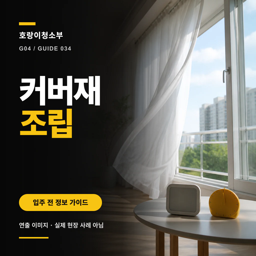 왼쪽 검은 패널의 흰색·노란색 커버재조립 문구와 오른쪽 열린 창가의 흰 커튼, 원형 탁자 위 사각 장치와 노란 시계가 보이는 정사각형 연출 이미지