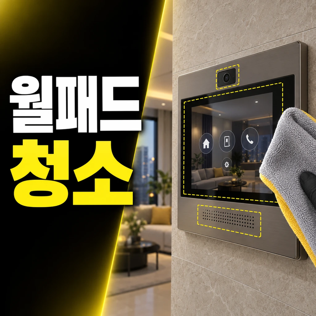검정 배경의 큰 월패드 청소 문구와 화면·카메라·스피커 구역이 노란 점선으로 표시된 벽면 월패드, 마른 극세사 천을 배치한 정사각형 연출 이미지