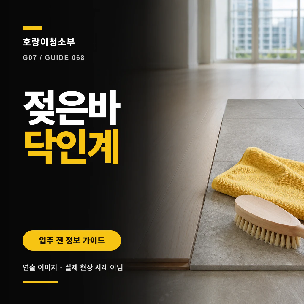 창가의 어두운 목재와 회색 타일 바닥재 표본 옆에 노란 천과 나무 손잡이 솔이 놓이고 왼쪽에 젖은 바닥 인계 문구가 보이는 정사각형 연출 이미지