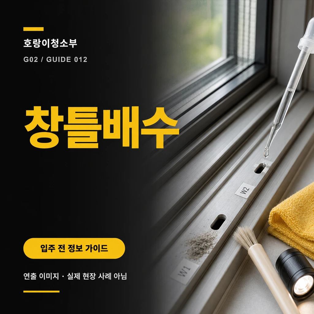 알루미늄 창틀 레일의 W1·W2 배수구 두 개와 국소 먼지, 스포이드 물방울, 솔, 노란 천, 손전등이 보이는 창틀배수 정사각형 연출 이미지