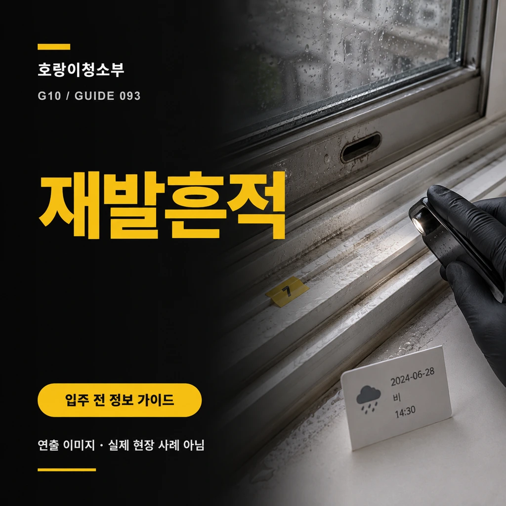 비가 맺힌 창 유리와 배수구 주변 레일의 물흔적·미세 먼지를 같은 위치에서 조명으로 기록하는 재발흔적 정사각형 연출 이미지